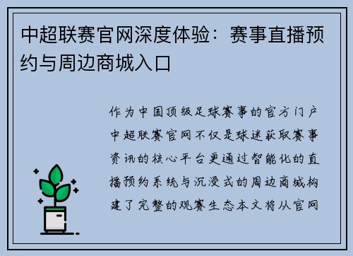 中超联赛官网深度体验：赛事直播预约与周边商城入口