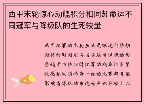 西甲末轮惊心动魄积分相同却命运不同冠军与降级队的生死较量